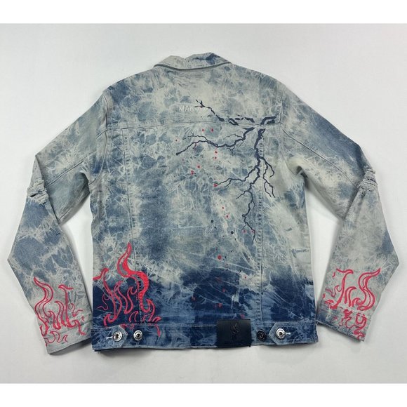 Makobi Men Small Denim Jean Jacket Acid Wash Light Blue Painted Distressed M1052 - Picture 3 of 11